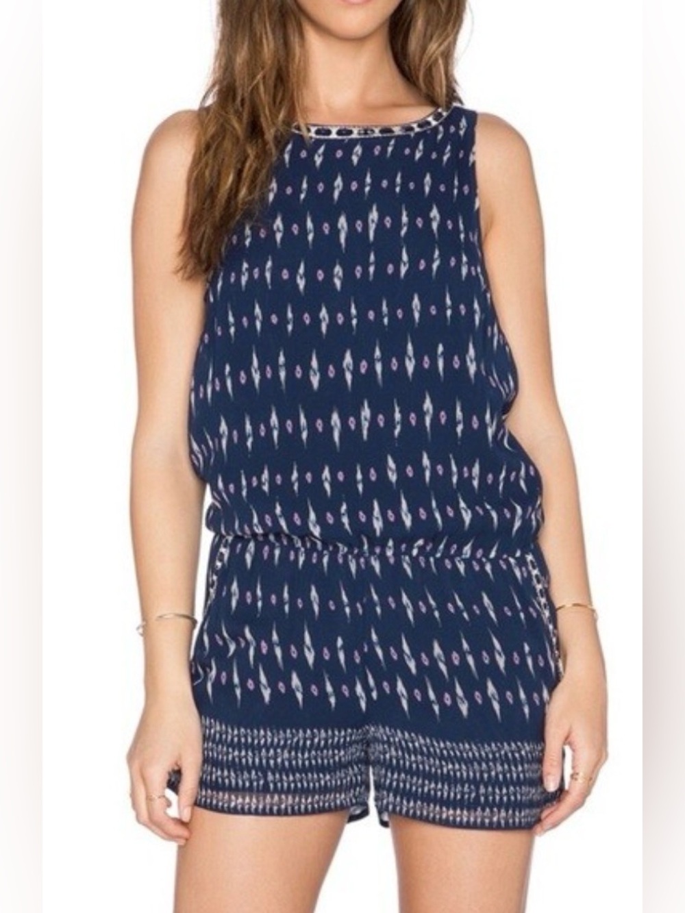 Joie 100% Silk Ikat Romper Navy Blue Boho Print Jumpsuit M